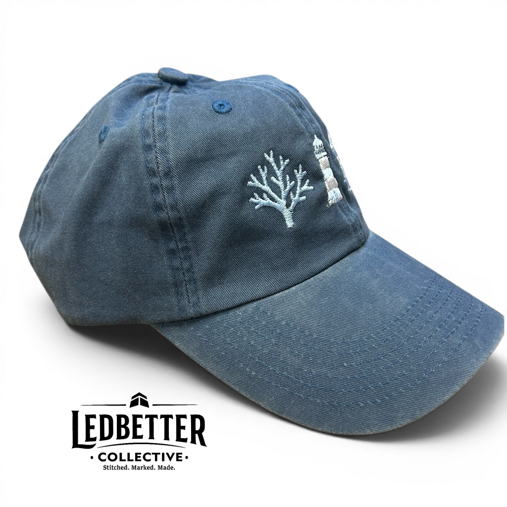 Coastal Embroidered Pigment-Dyed Hat | Lighthouse, Sailboat & Coral Cotton Twill Snapback