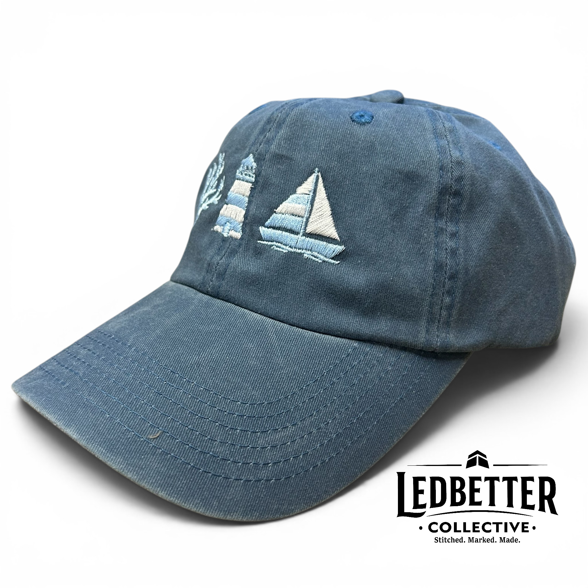 Coastal Embroidered Pigment-Dyed Hat | Lighthouse, Sailboat & Coral Cotton Twill Snapback