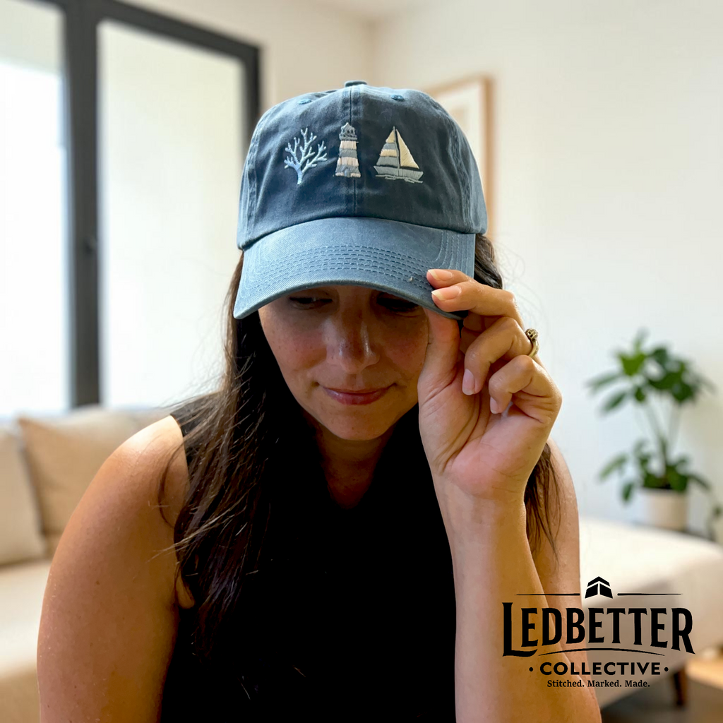 Coastal Embroidered Pigment-Dyed Hat | Lighthouse, Sailboat & Coral Cotton Twill Snapback