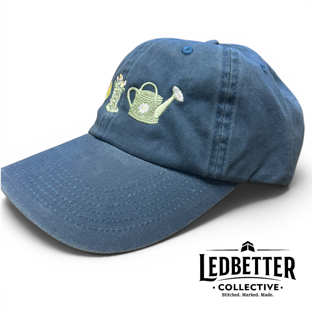 Gardener Embroidered Pigment-Dyed Hat | Rain Boots, Flowers, Garden Gloves & Watering Can